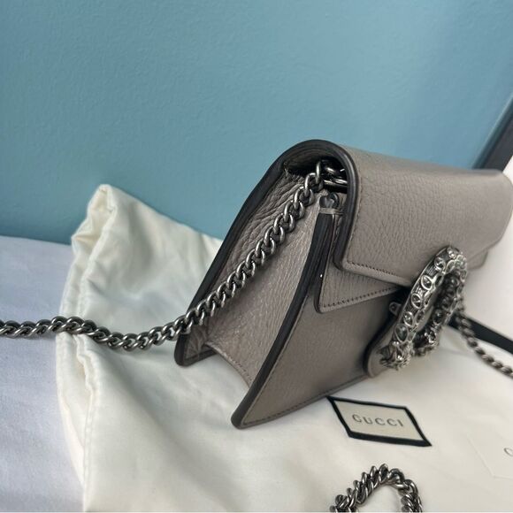 GUCCI Grey Leather Flap Dionysus Mini Chain SoHo Disco Dollar Crossbody + Box - Picture 7 of 14
